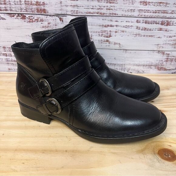 BORN PIRLO BLACK LEATHER ANKLE BOOT BOOTIE WOMEN’S 6M ZIPPER CLOSE BUCKLE STRAP - Picture 1 of 11